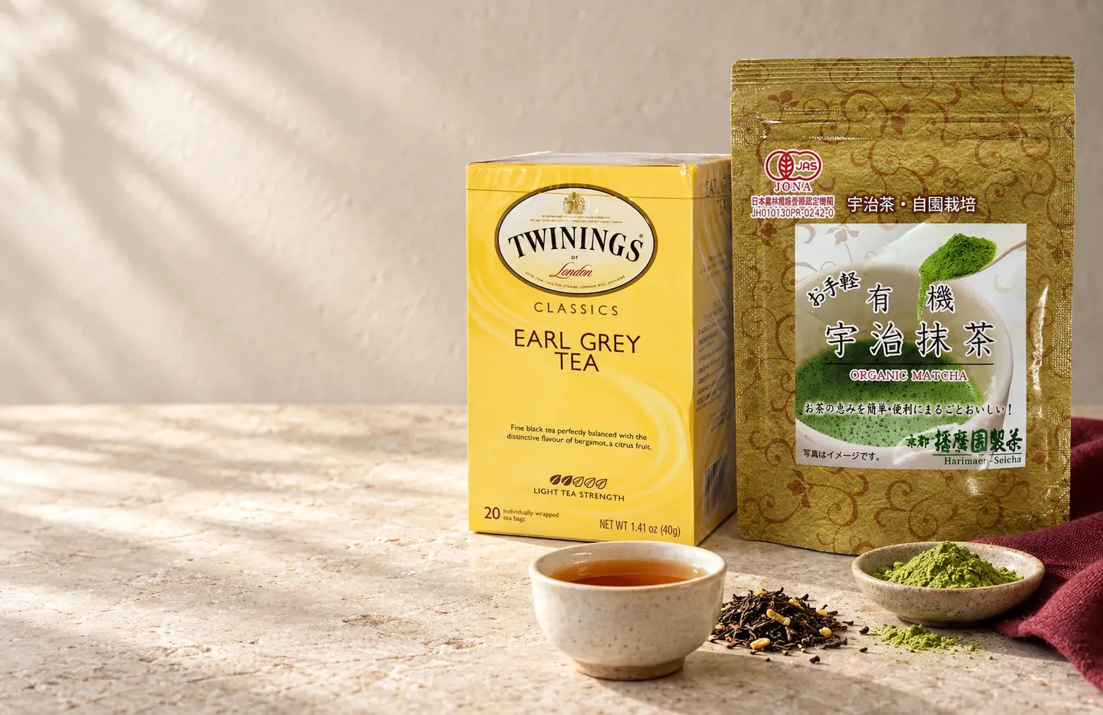 Twinings Earl Grey tea and Harimaen Uji matcha