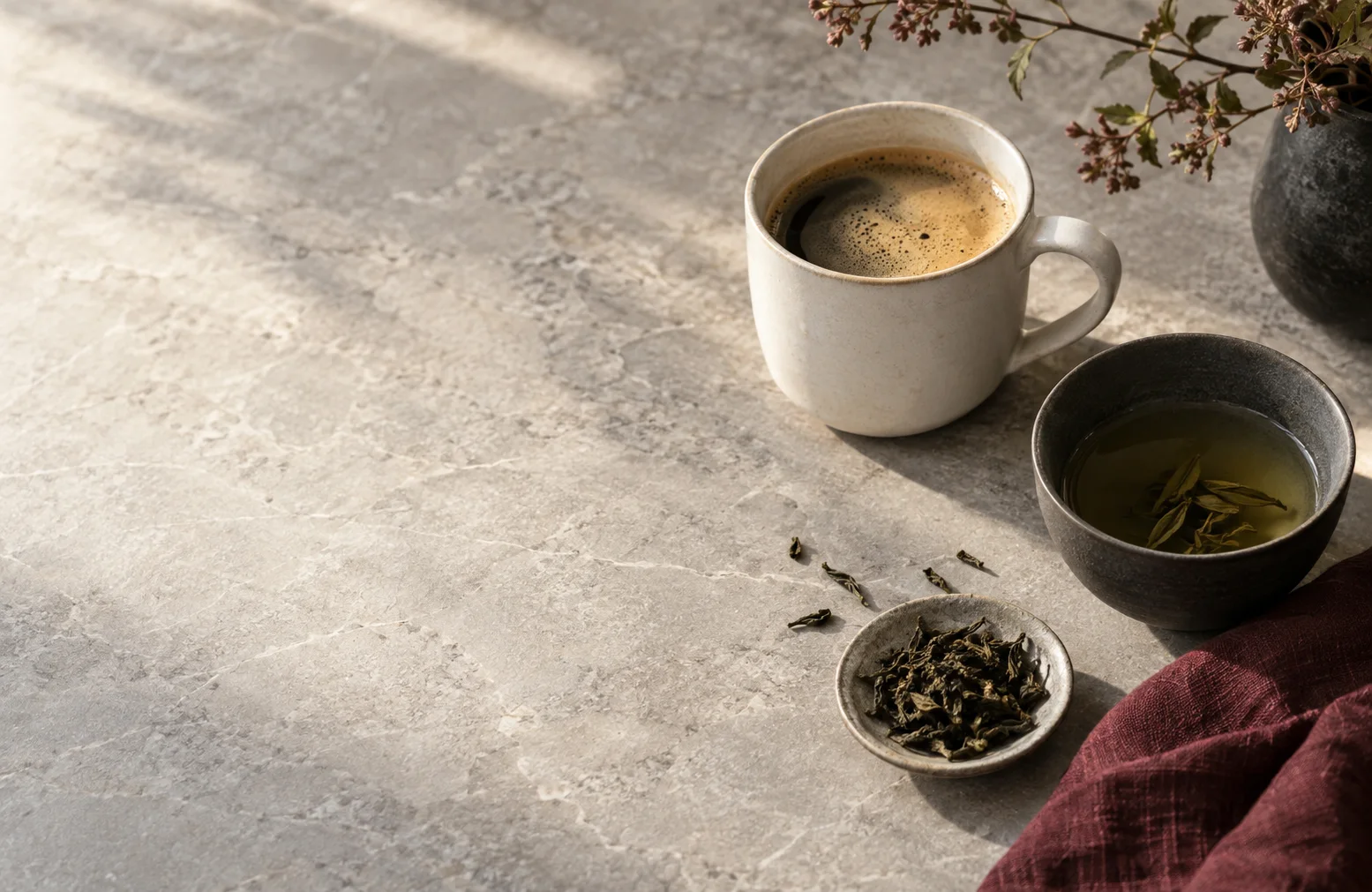 Tea and coffee on a stone table