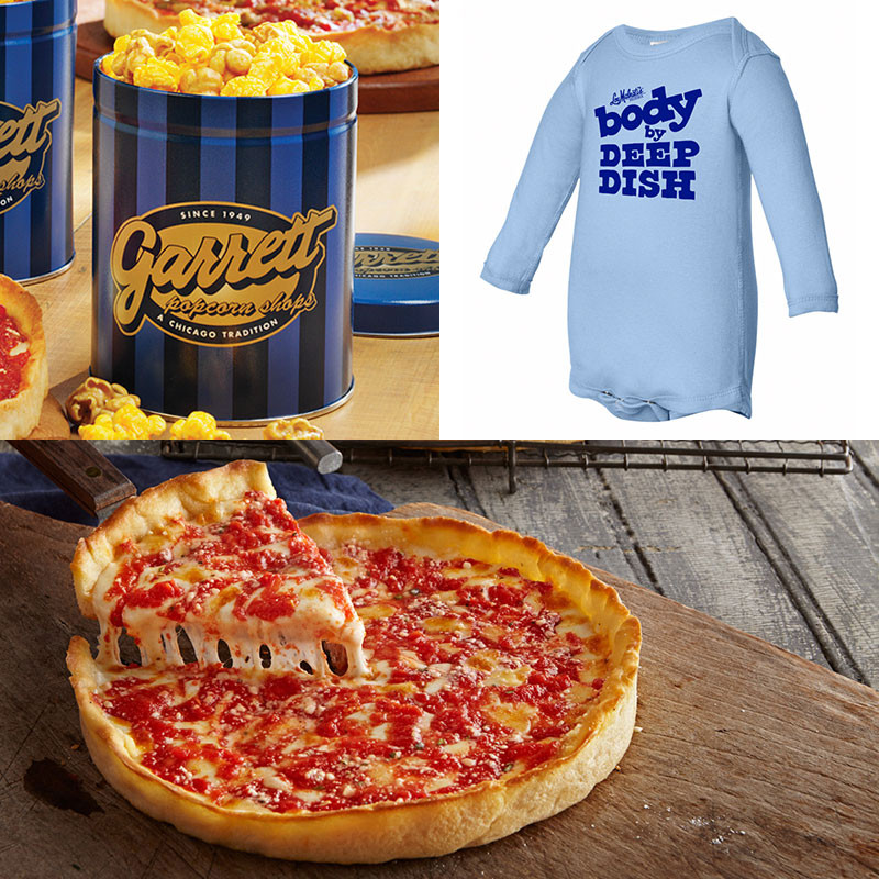 Garrett Popcorn Petite Blue Tin, Blue Onesie, & 1 Lou’s Pizza