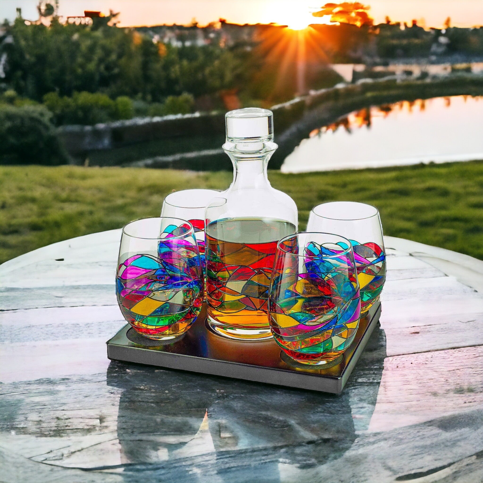 The Wine Savant – Renaissance Stain-glassed Windows Wine Decanter & 4