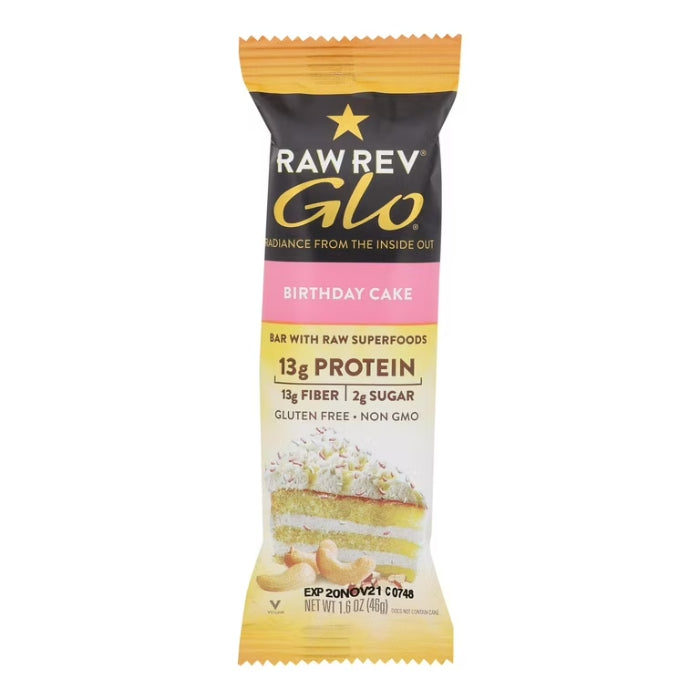 Raw Rev – “Glo” Birthday Cake Protein Bar, 1.6 Oz | Pack of 12
