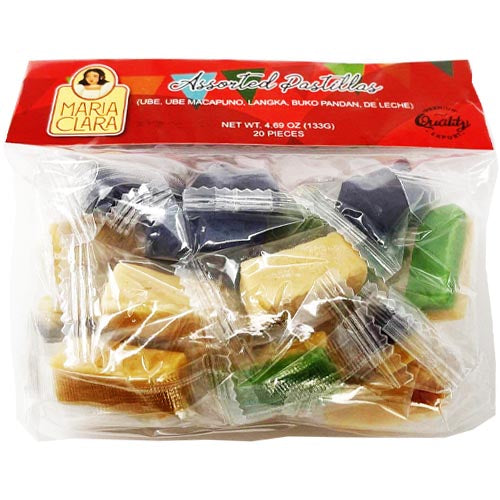 Maria Clara – Assorted Pastillas – Chewy Milk Candy – UBE, UBE Macapuno, Langka, Buko Pandan, De Leche – 20 Pieces – 133 G