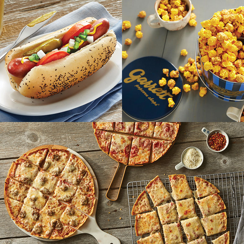 Garrett Popcorn Classic Tin, Vienna Beef Hot Dog Kit & 4 Lou’s Thin Crust Pizzas