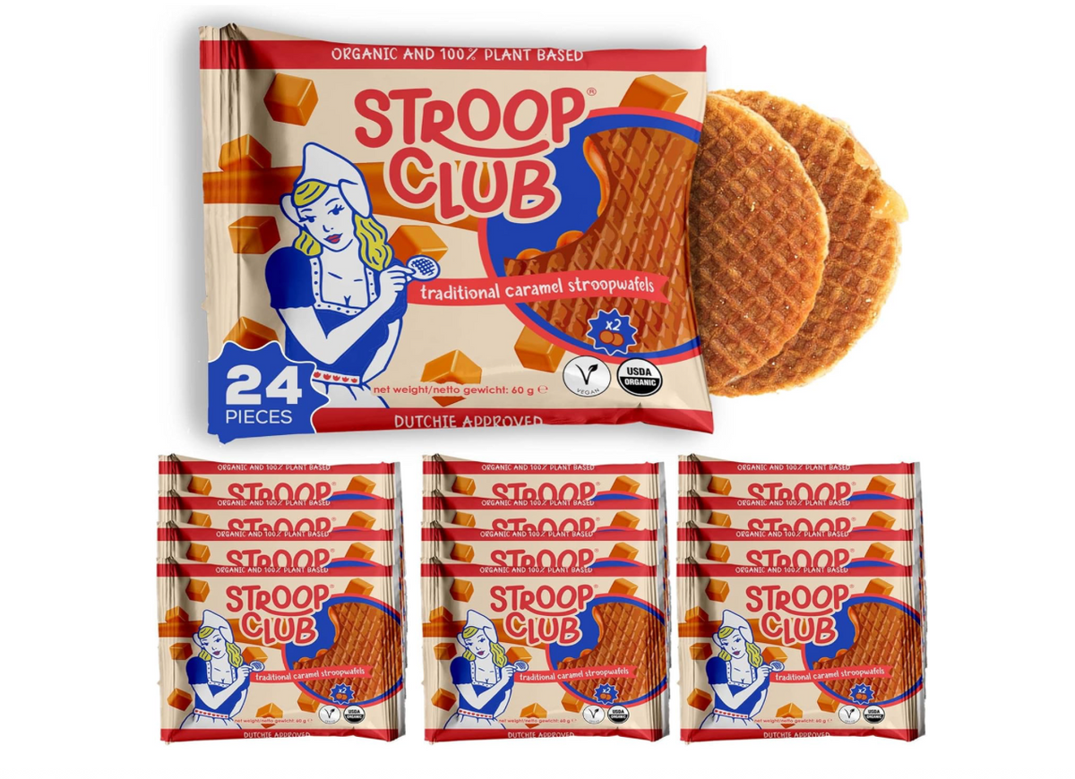Stroop Club Traditional Caramel Plant Based and Organic Stroopwafels Box – 12 packs x 2-pack case