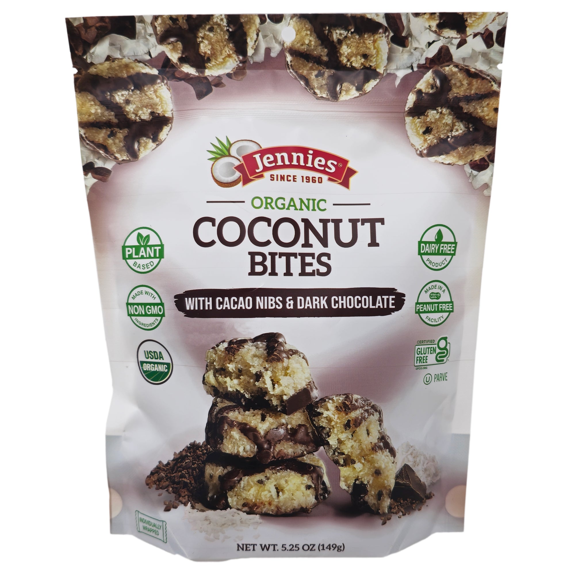 Jennies Organic Coconut Bites with Cacao Nibs & Dark Chocolate – 5.25o