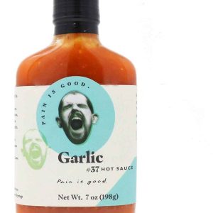 Hot Sauce Pain Is Good Garlic #37 Blue Spot Label 7 oz Flask Heat 9