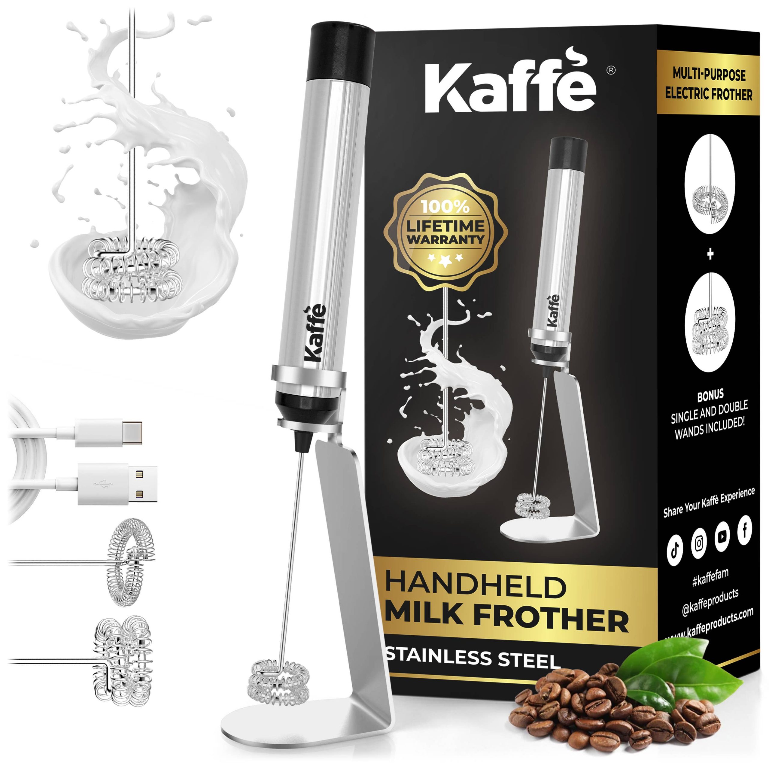 Kaffe Handheld Milk Frother with Stand – USB Rechargeable Stainless Steel | Perfect for Lattes & Cappuccinos