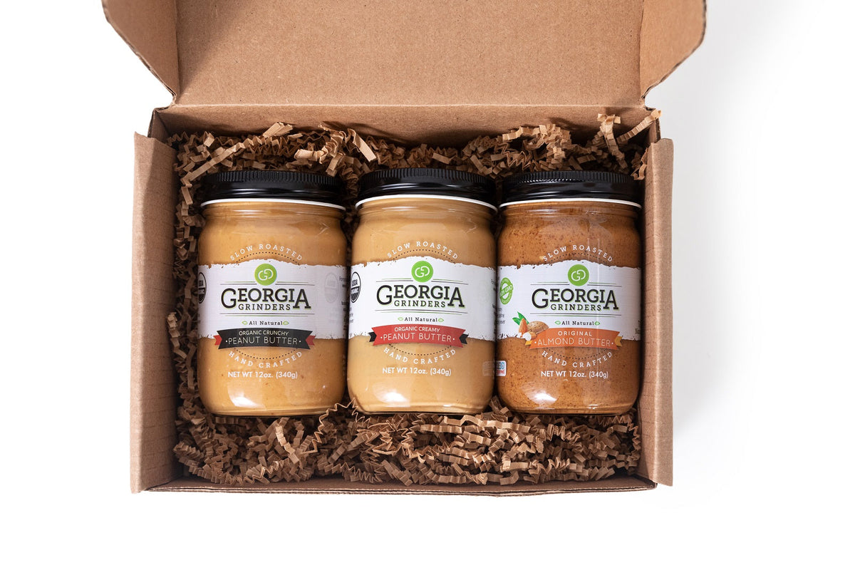 Georgia Grinders Organic Peanut Butter & Almond Butter: Trio Gift Box – 3 Jars x 12 oz