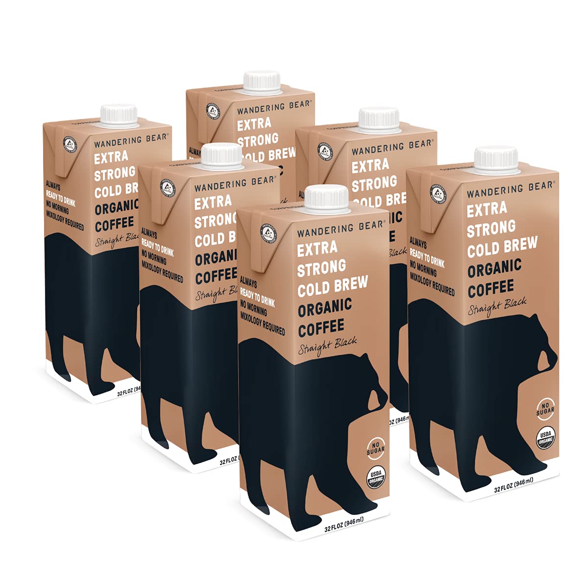 Wandering Bear Coffee – Cold Brew Black Coffee, 32 fl oz | Pack of 6