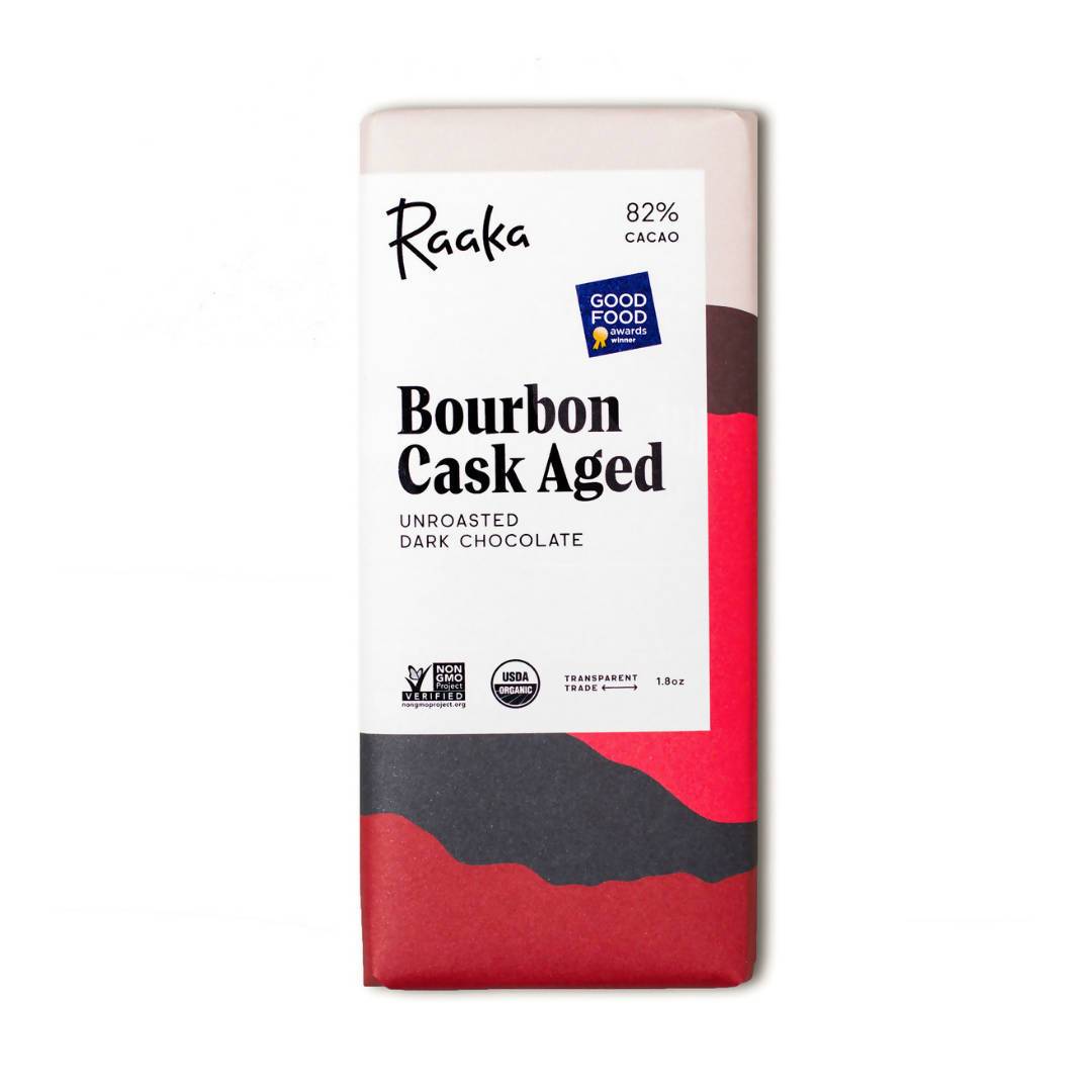 Bourbon Cask Aged Chocolate Bars, 82% Cocoa / Cacao, Unroasted Dark Chocolate – 12 Bars x 1.8oz