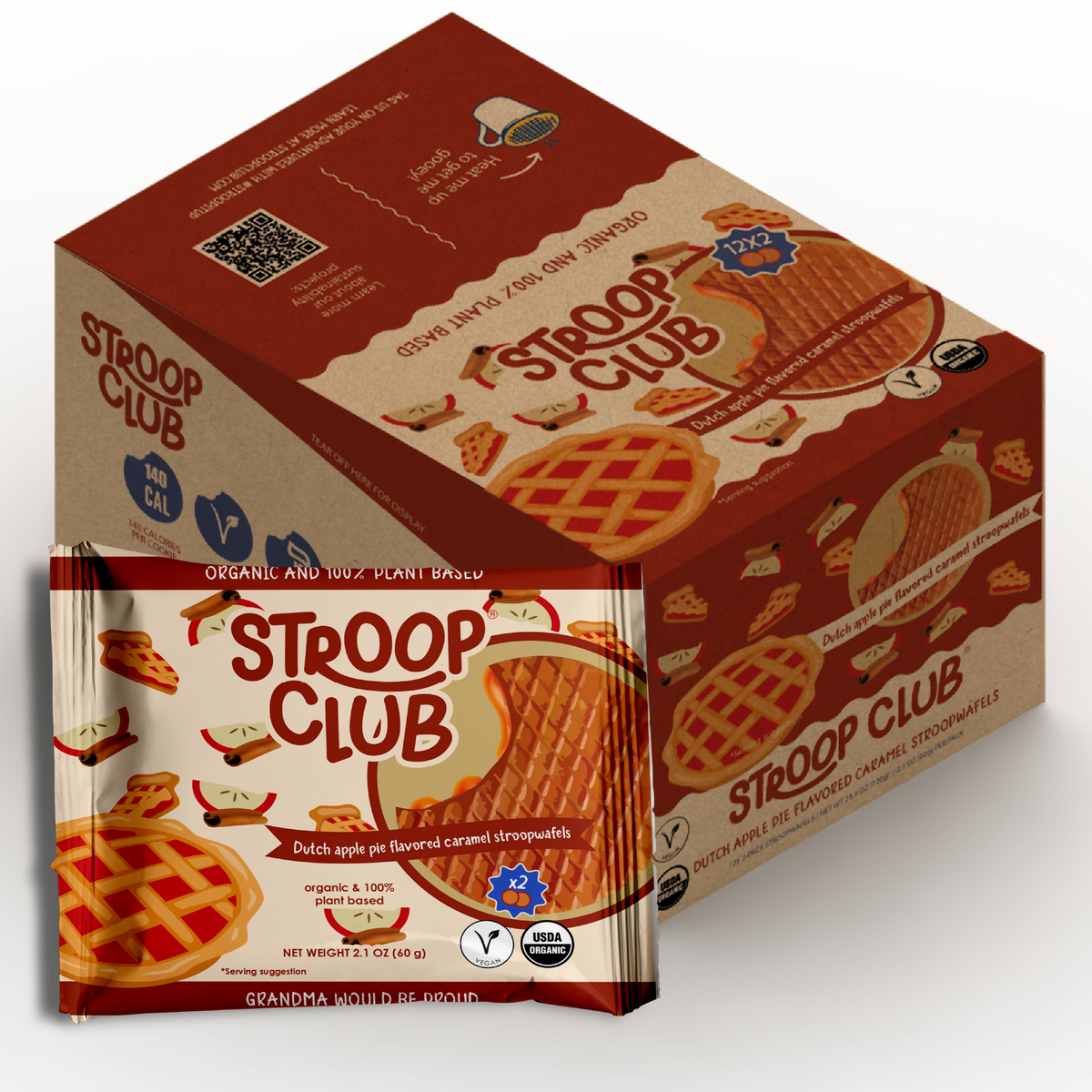 Stroop Club Apple Pie Caramel Plant Based and Organic Stroopwafels Box – 12 packs x 2-pack case