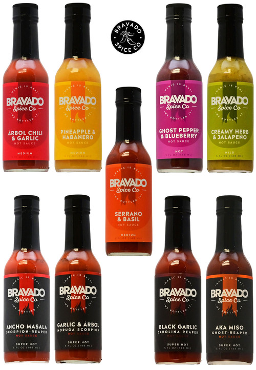 Bravado Spice Co. Hot Sauces Complete Set, 6/5oz, 1/3oz, 1/2.7oz.
