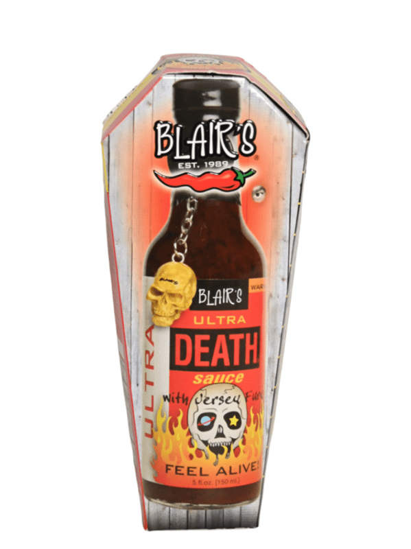 Hot Sauce Blairs Ultra Death in Coffin Skull Keychain 5 oz Heat 10
