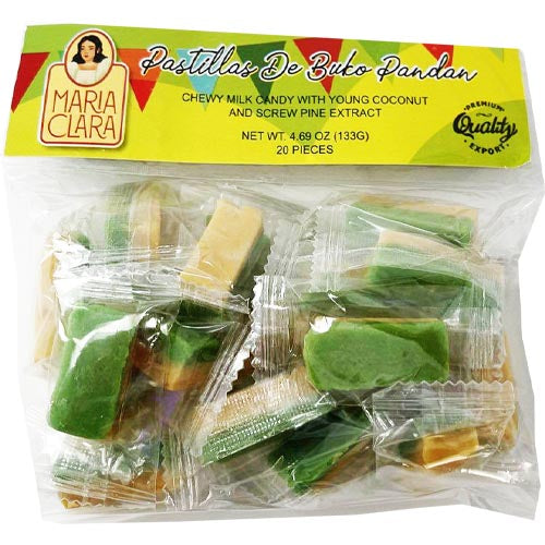 Maria Clara – Pastillas de Buko Pandan – Chewy Milk Candy with Young Coconut and Screw Pine Extract – 20 Pieces – 133 G