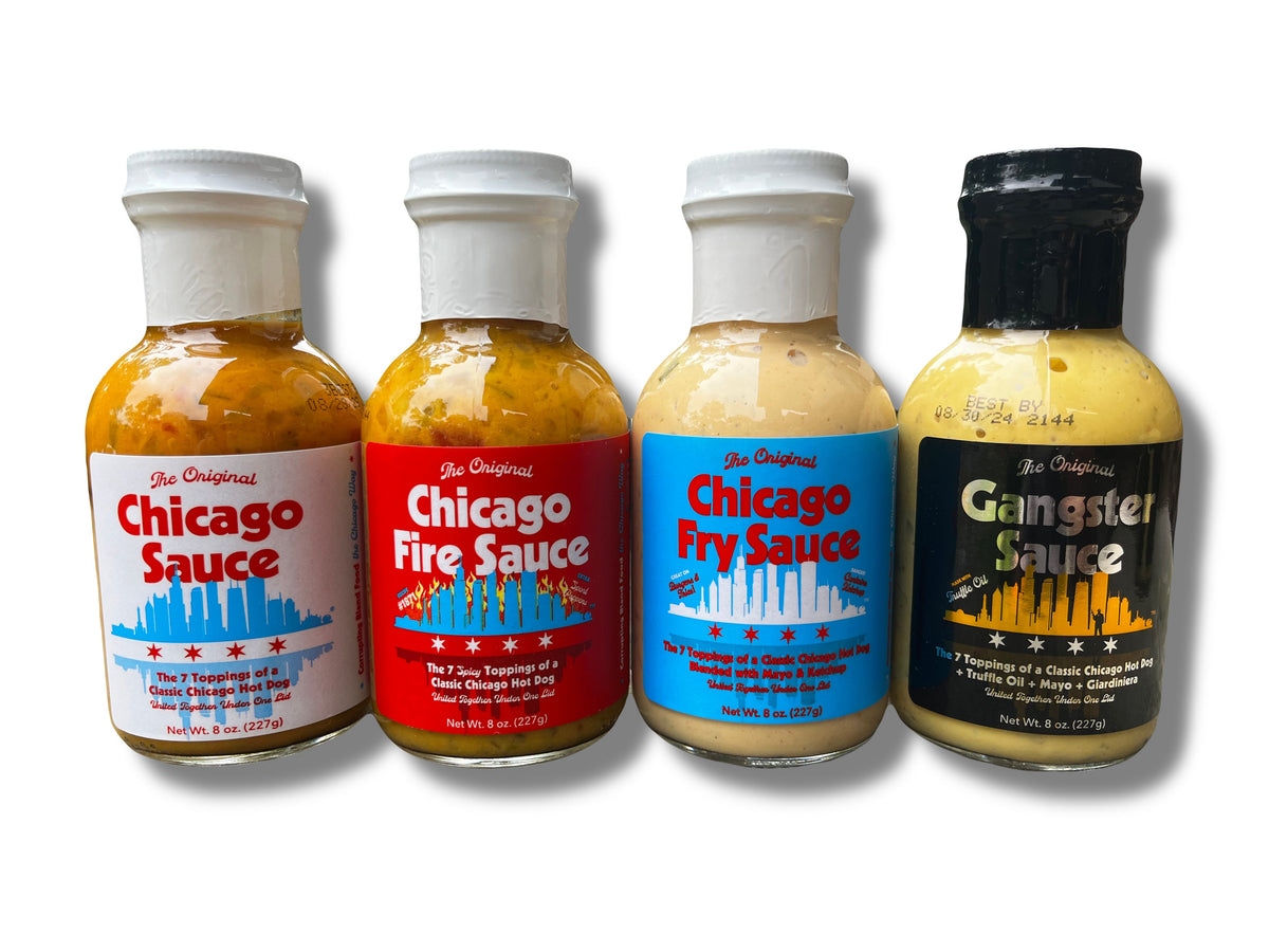Big Fork Chicago Sauce, Chicago Fire Sauce, Chicago Fry Sauce & Gangster Sauce Bottles case
