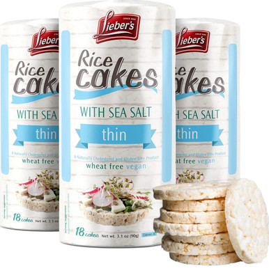 Lieber’s Thin Rice Cakes with Sea Salt, Gluten Free, Vegan, 18 Cakes, (Pack of 3)