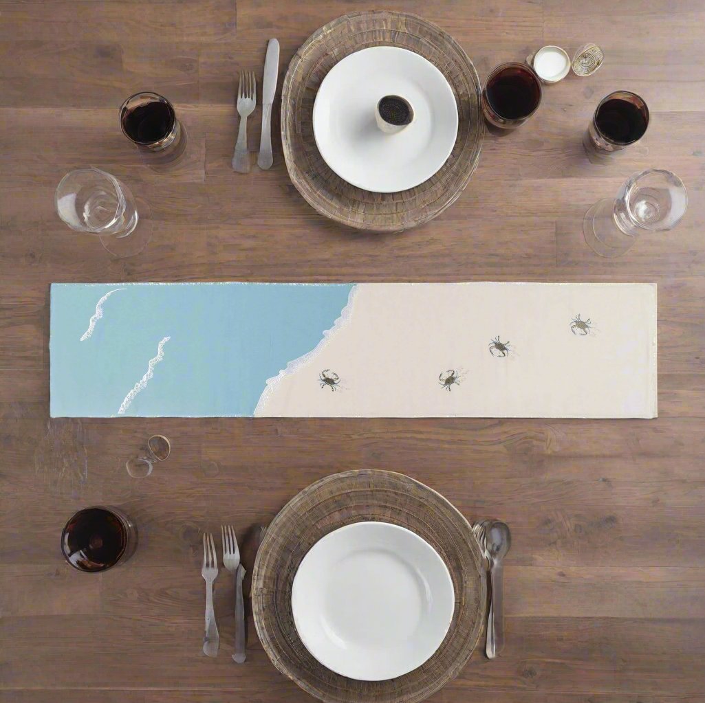 Rightside Design – Embroidered Baby Crab and Beach Waves Table Runner