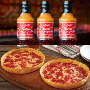 3 Bottles of Lou’s Sweet Vinaigrette Salad Dressing & 2 Pizzas