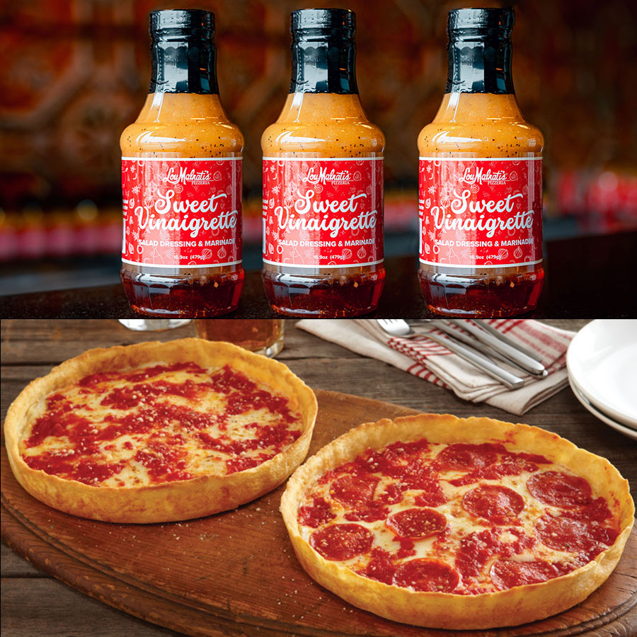 3 Bottles of Lou’s Sweet Vinaigrette Salad Dressing & 2 Pizzas