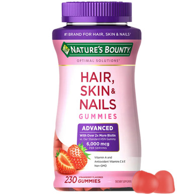 Nature’s Bounty Hair Skin & Nails Gummies, Advanced Formula with 6000mcg Biotin, Strawberry Flavored, 230 Count
