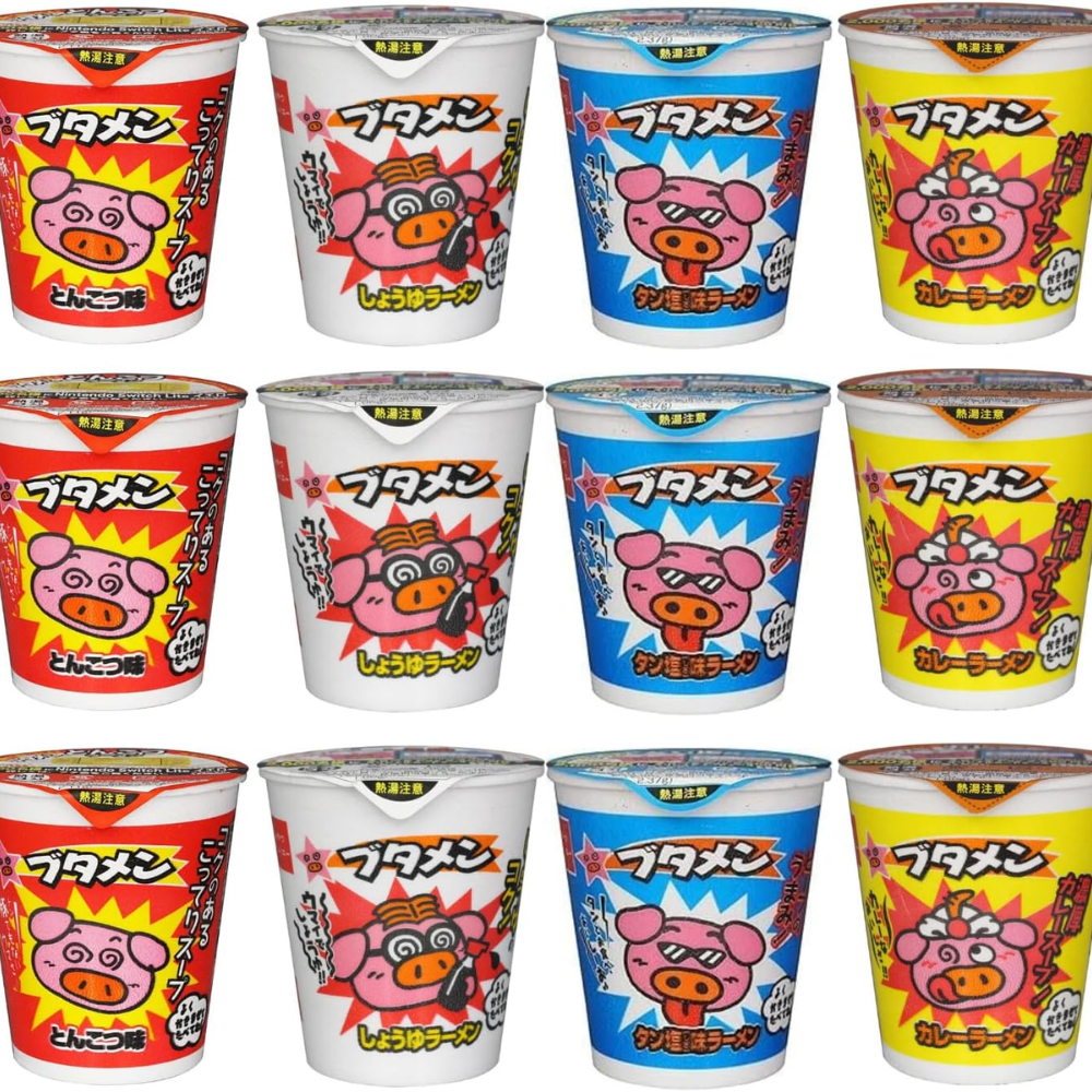 Oyatsu Company Butamen 4 Flavors 12-Cup Instant Ramen Variety Pack (Tonkotsu, Salted Tongue, Soy Sauce, Curry) – Made in JAPAN – Tokyo Sakura Mall