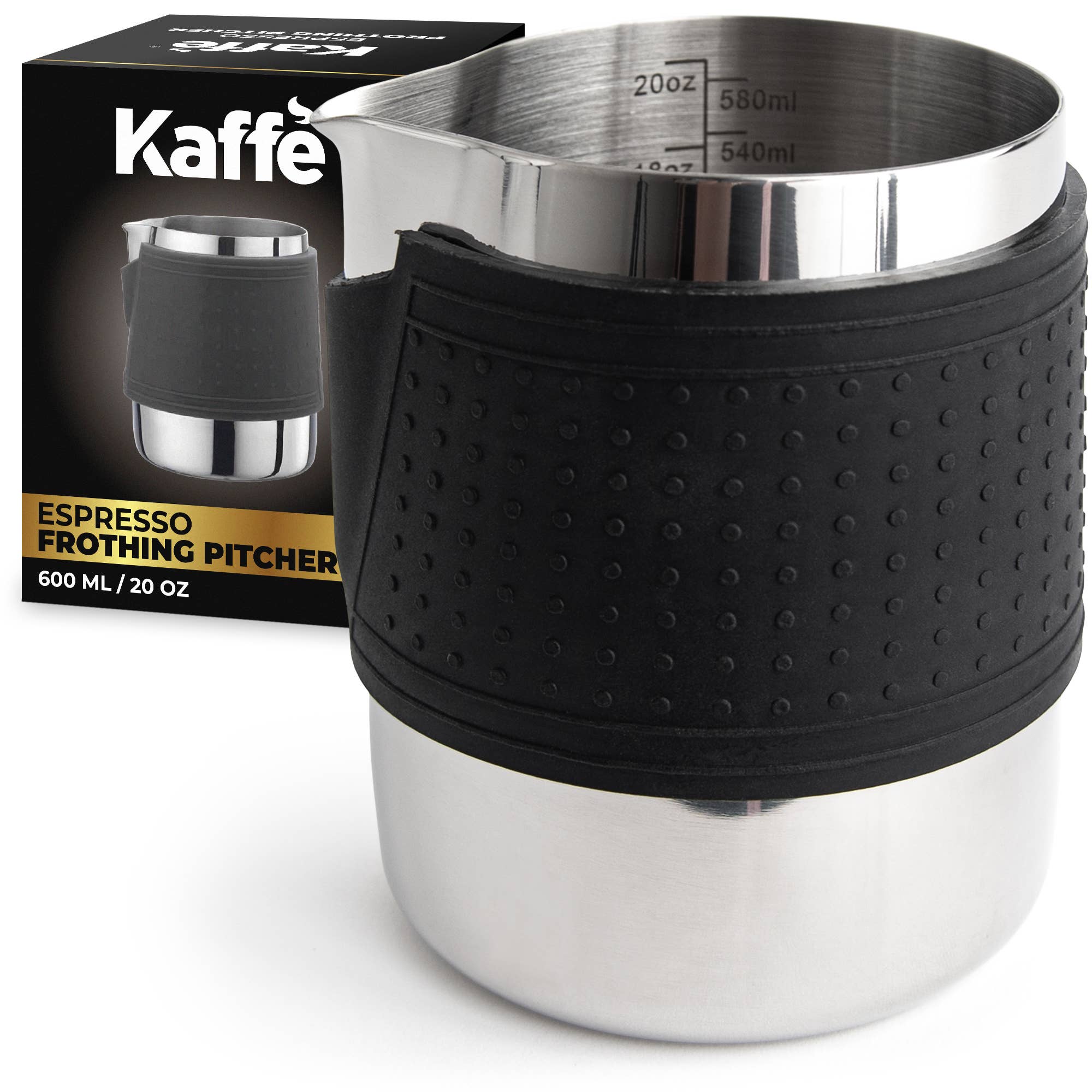 Kaffe Stainless Steel Milk Frothing Pitcher – 20oz with Silicone Sleeve | Perfect for Lattes & Cappuccinos