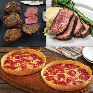 2 Gibsons 14oz. GGA New York Strips, 2 Gibsons 12oz. GGA Bone-In Filets & 2 Lou’s Pizzas