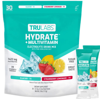 TruLabs Sugar-Free Hydrate + Multivitamin Electrolyte Drink Mix, 30 Stick Packs, 1422mg Electrolytes, 19 Vitamins & Minerals