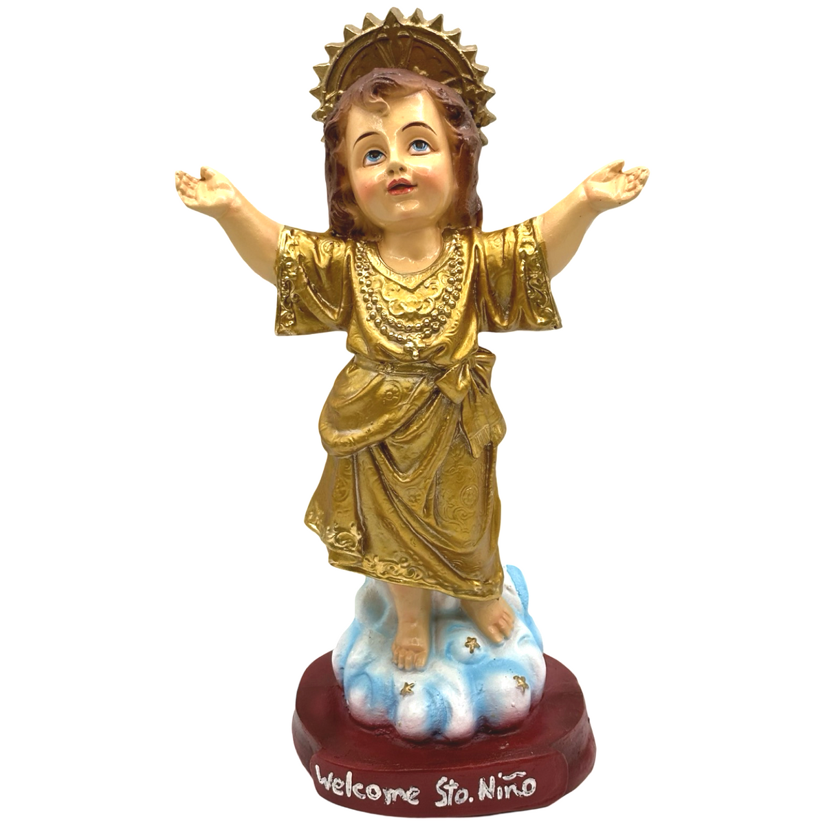 Welcome Sto. Niño Religious Statue Figurine – Philippine Handicrafts – GOLD – 12 inches x 7.5 inches