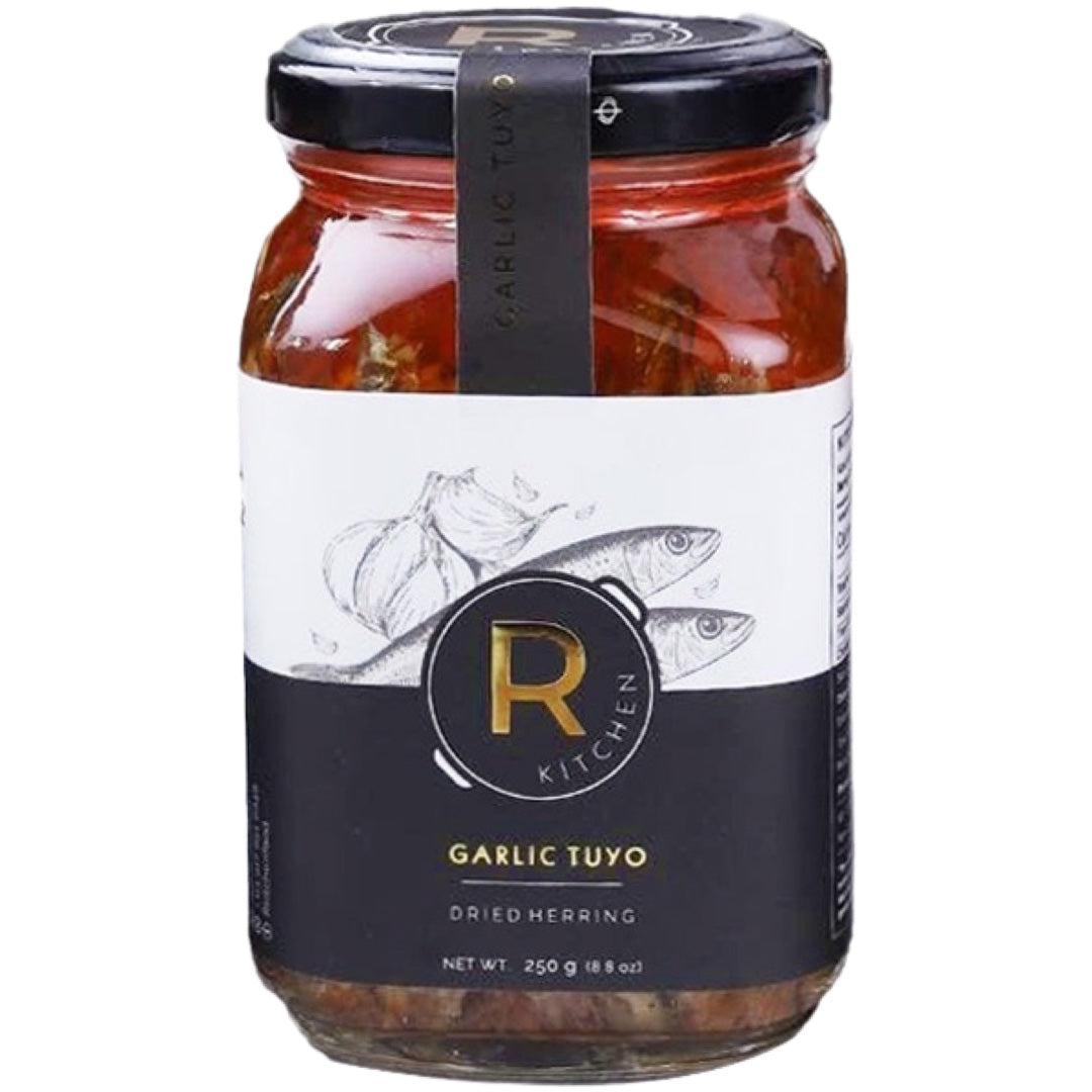 R Kitchen – Garlic Tuyo – Gourmet Pasteurized Bottled Deboned Dried Herring – 250 G