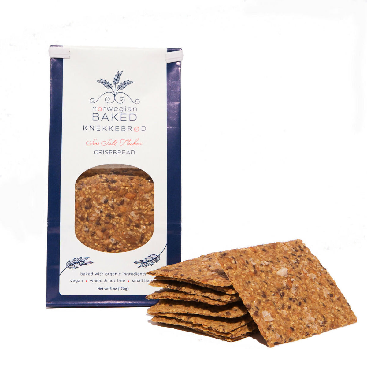 Norwegian Baked Sea Salt Flakes Knekkebrød Organic Crackers Bags – 12 Bags x 6oz case