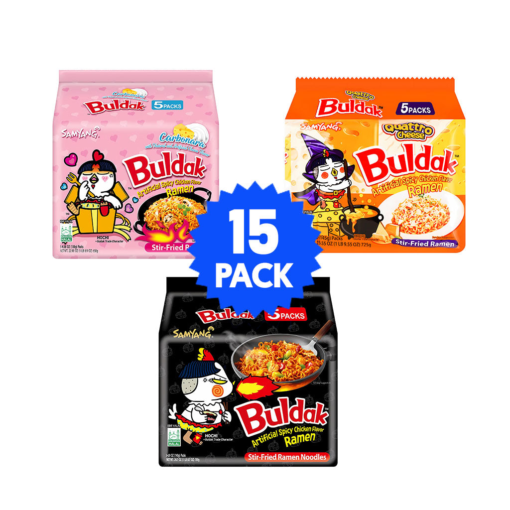 Samyang Buldak Newbie Bundle – 15 Pack (Carbonara, Quattro Cheese, & Hot Chicken)