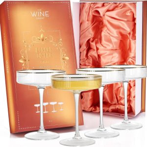 The Wine Savant- Art Deco Gilded Crystal Coupe Glasses, Ribbed – Set o
