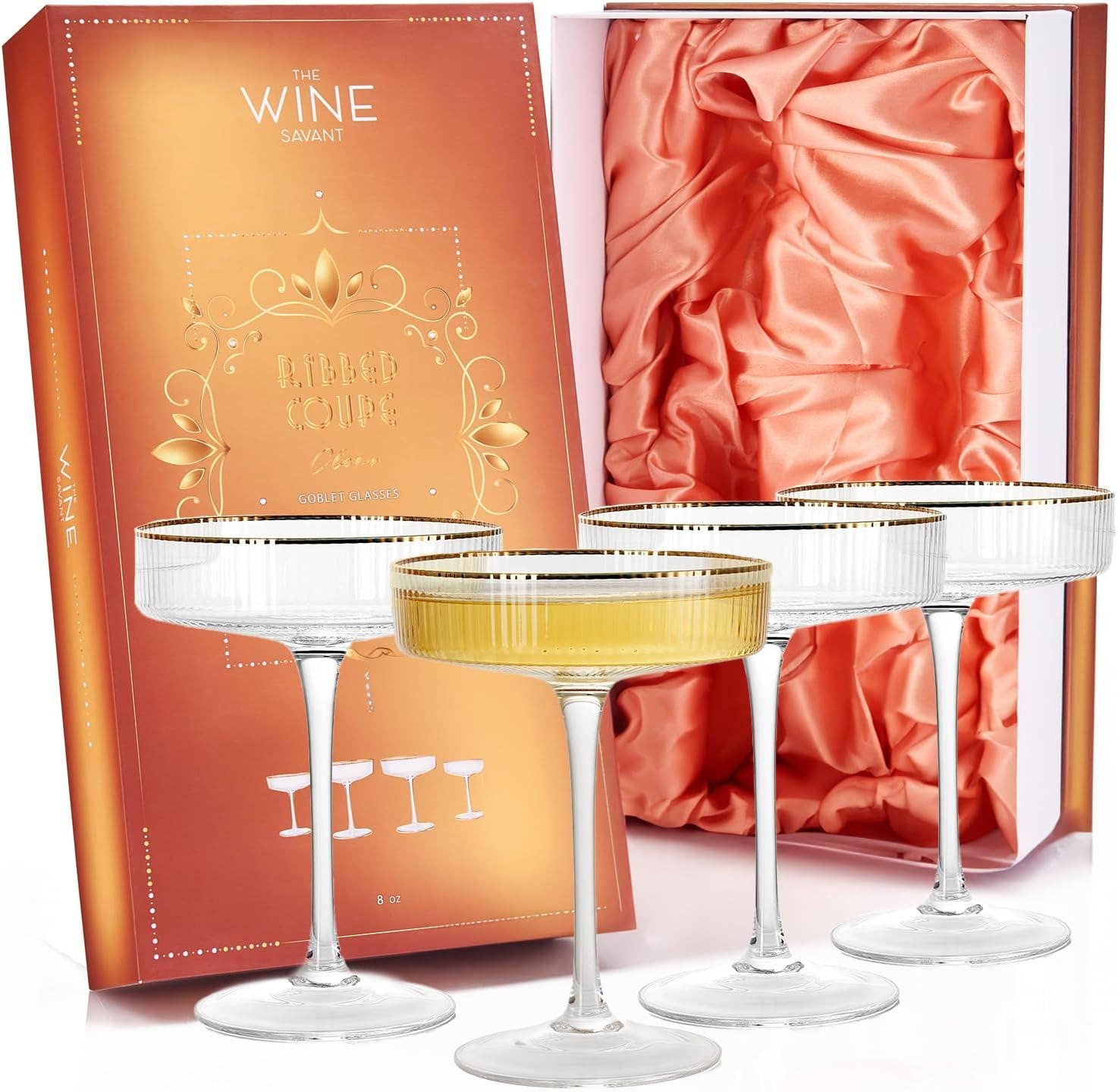 The Wine Savant- Art Deco Gilded Crystal Coupe Glasses, Ribbed – Set o