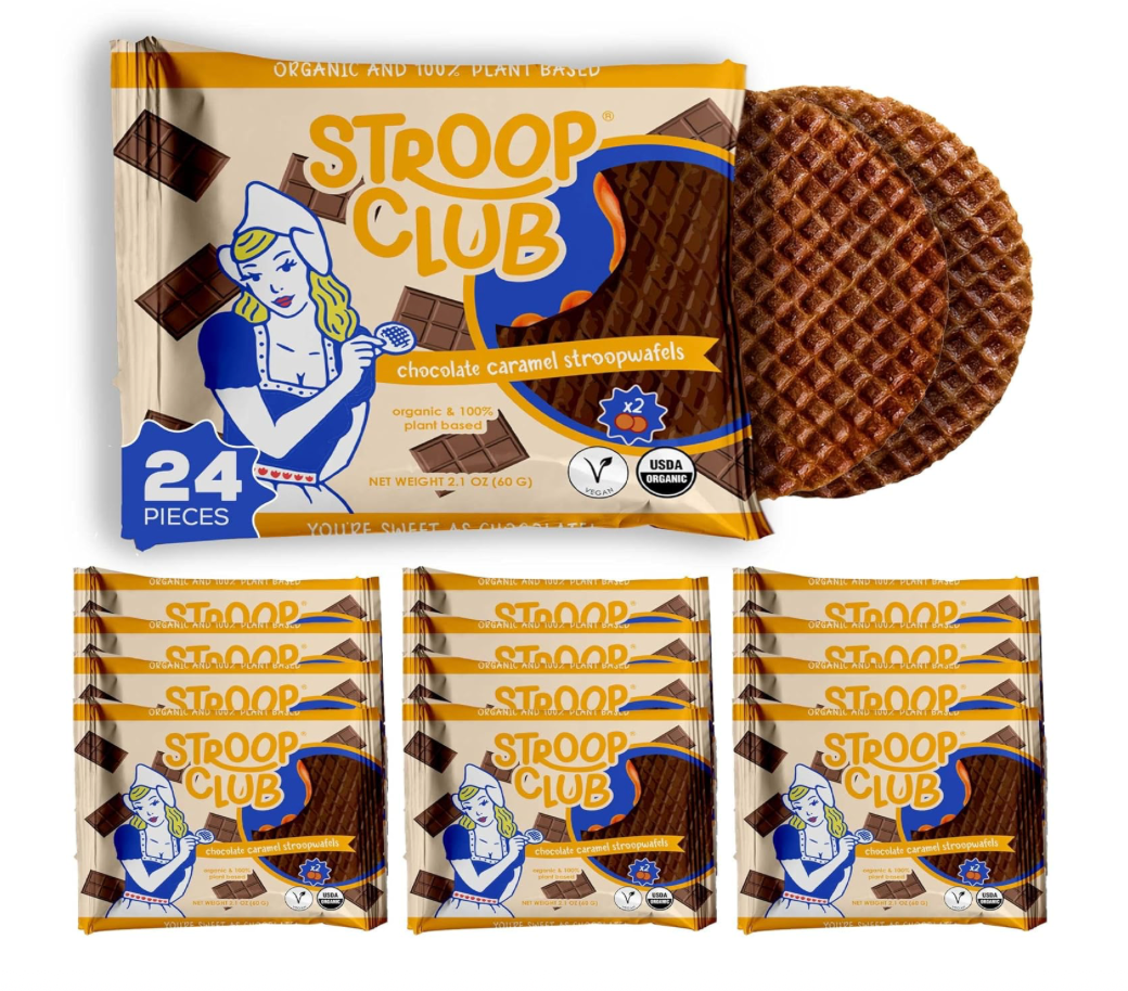 Stroop Club Chocolate Caramel Plant Based and Organic Stroopwafels Box – 12 packs x 2-pack case