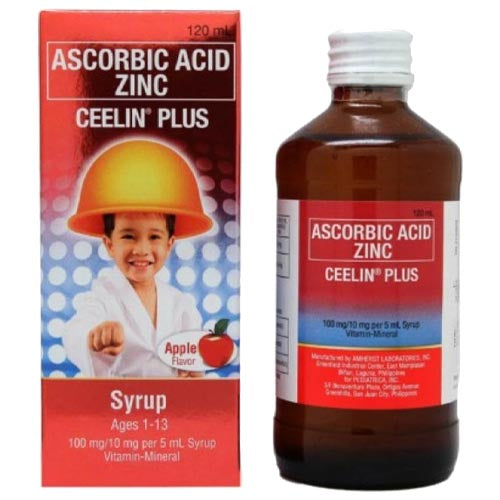 Ceelin Plus – Ascorbic Acid Zinc – Vitamin For Ages 1 – 13 Year Old – 120 ML – APPLE FLAVOR (RED)