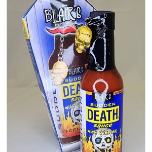 Hot Sauce Blair’s Sudden Death with Ginseng in a cardboard Coffin Skul