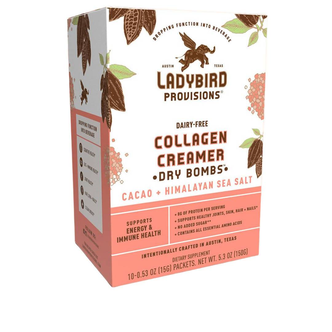 Collagen Creamer (Dairy-Free), Cacao + Himalayan Sea Salt Dry Bomb Packet Boxes – 6 Boxes (10 Packets each)