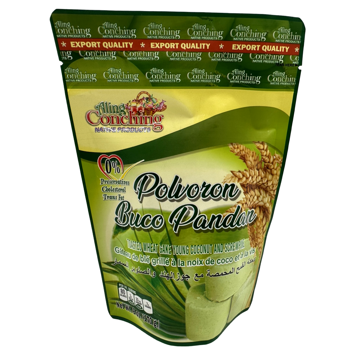 Aling Conching – Polvoron Buco Pandan – Toasted Wheat Cake – Young Coconut and Screwpine – 10 Pieces – 170 G