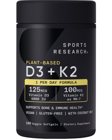 Sports Research Plant-Based Vitamin D3 + K2 Supplement, 5000 IU, 160 Vegan Softgels