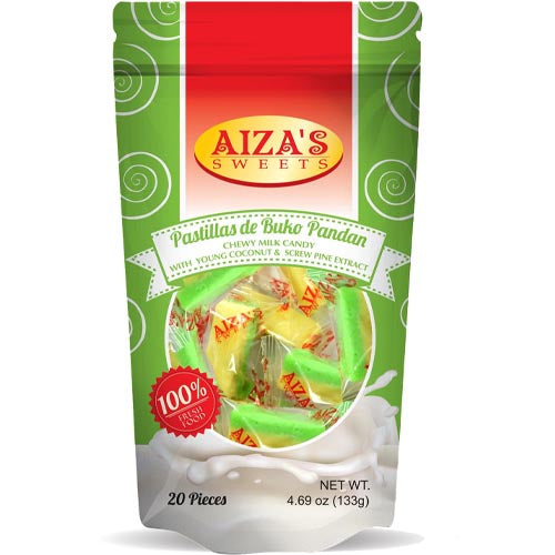 Aiza’s Sweets – Pastillas de Buko Pandan – Chewy Milk Candy with Young Coconut and Screw Pine Extract – 20 Pieces – 133 G
