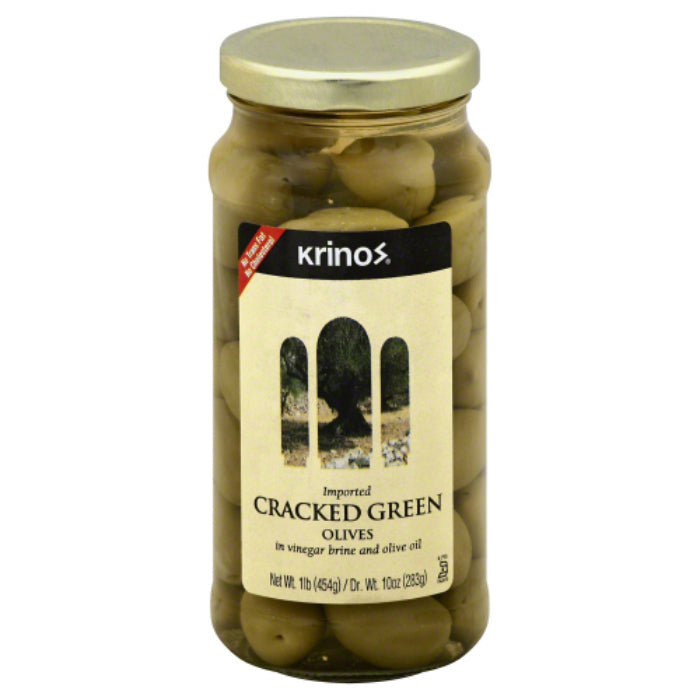Krinos – Cracked Green Olives, 16 Oz | Pack of 6