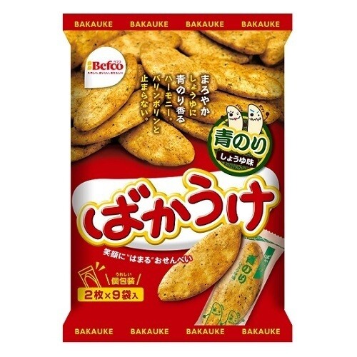 Kuriyama, Befco, “Bakauke” Rice Cracker, Seaweed Aonori & Soy Sauce Flavor, 18 pc in 1 bag