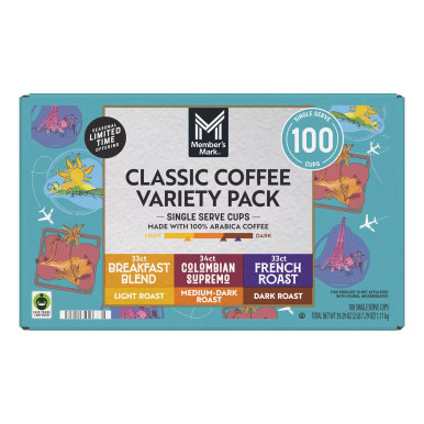 Member’s Mark Classic Coffee Variety Pack, 100 Single Serve Cups, Light to Dark Roast, Breakfast Blend, Colombian Supremo, French Roast