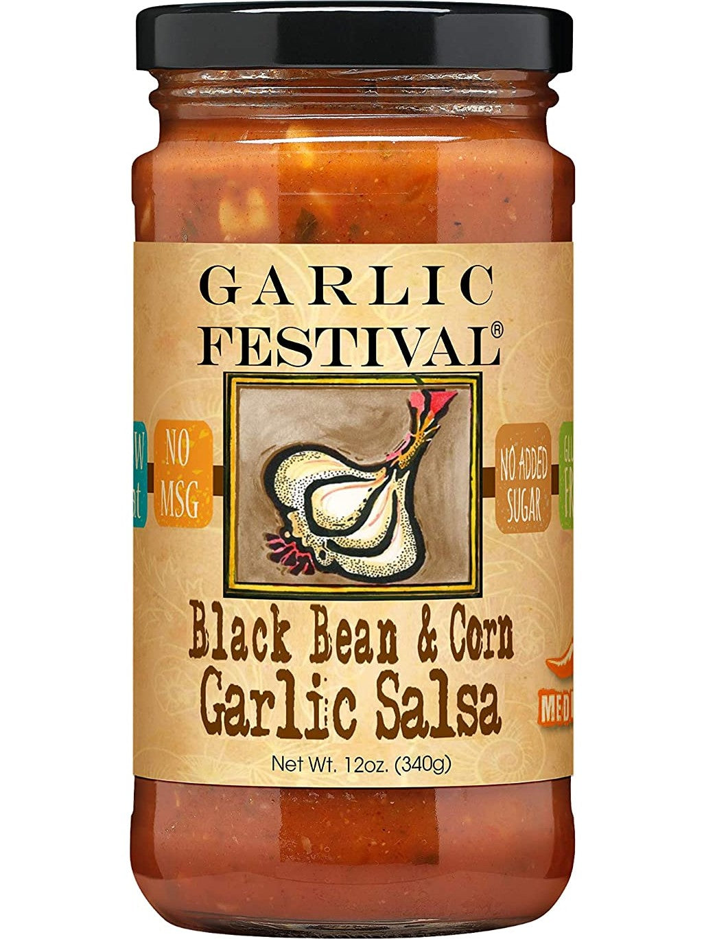 Salsa Roasted Garlic with Black Bean & Corn Garlic Festival Foods 12 o