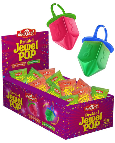 Dreidel Jewel Pop Ring Candy, Kosher Hanukkah Treats, Green Apple and Strawberry Flavors, 36 Count
