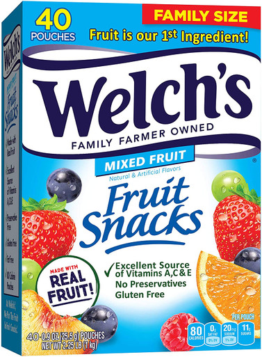 Welch’s Fruit Snacks, Mixed Fruit, Gluten Free, Bulk Pack, 0.9 oz Individual Single Serve Bags (Pack of 40)
