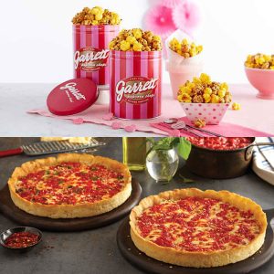 2 Garrett Popcorn Petite Pink Tins & 2 Lou’s Pizzas