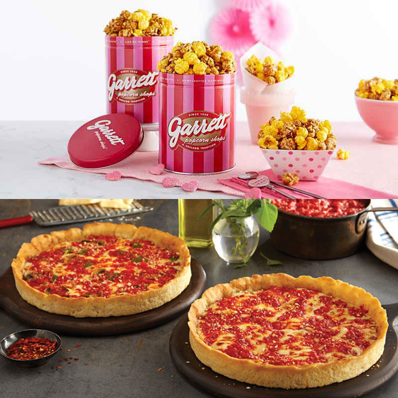 2 Garrett Popcorn Petite Pink Tins & 2 Lou’s Pizzas
