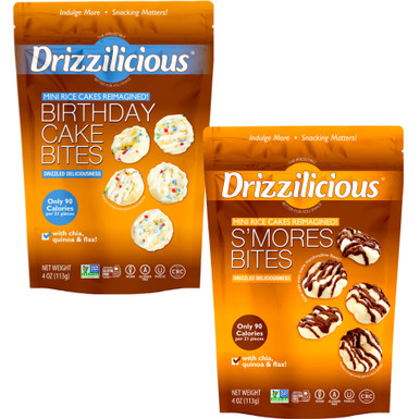 Drizzilicious Mini Rice Cake Bites Variety Pack, Birthday Cake and S’mores Flavors, 4 oz Bags (2 Count)
